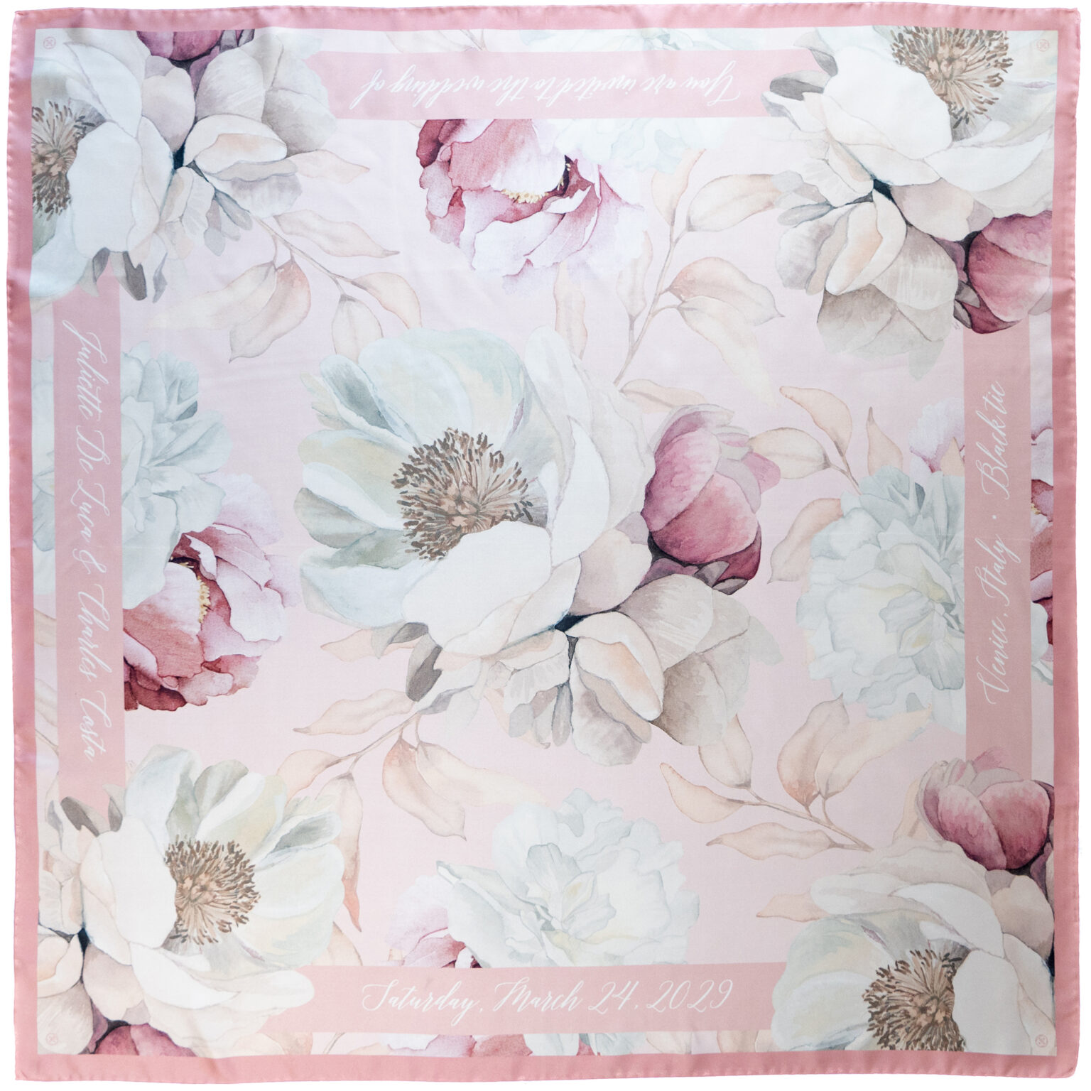 A personalized silk scarf invitation, the Colette design with the couple’s names and wedding date printed on organic silk twill