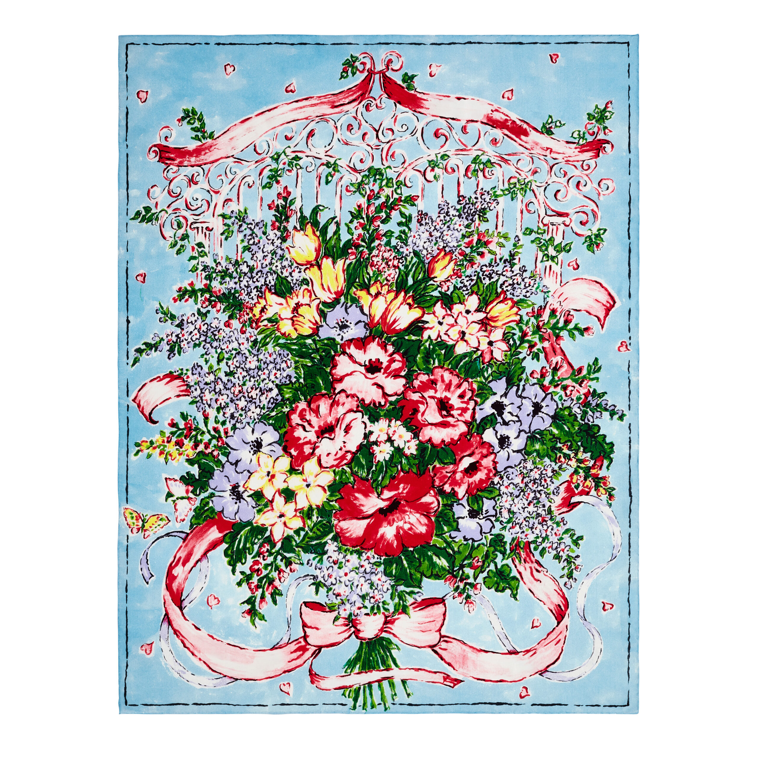 The Lago di Como Blue design by Erich Biehle before personalization, a hand-painted bouquet under a ribbon on light blue silk