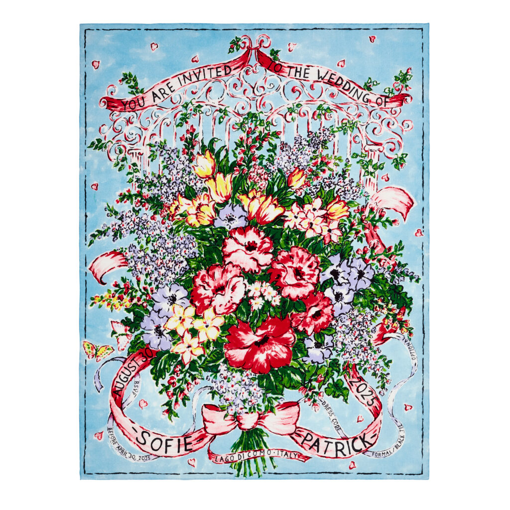 The Lago di Como Blue design personalized with the couple's first names, the wedding date and the place, printed on silk