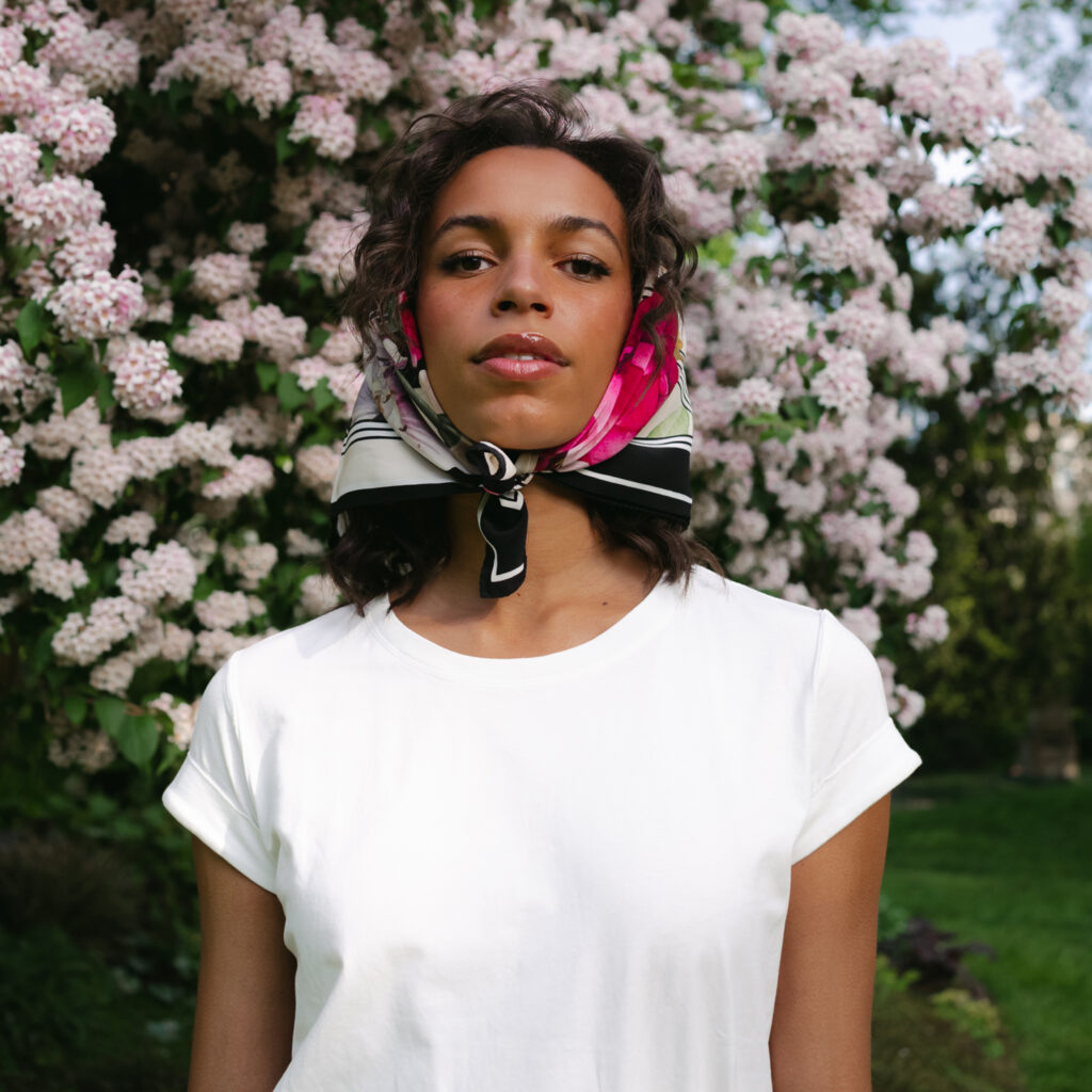 A By Biehle crepe de chine scarf worn as a head scarf