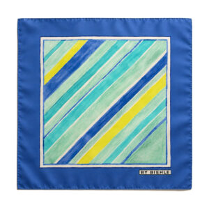By Biehle Modena scarf in 55x55 cm silk satin, laid flat to show Erich Biehle's hand-painted diagonal stripes in turquoise, mint and yellow crossed by cobalt bands, inside a white rule and royal-blue border