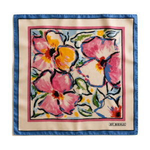 By Biehle Verona scarf in 55x55 cm organic silk twill, laid flat on white to show Erich Biehle's hand-painted pink and golden-yellow blossoms outlined in navy, framed by a pink rule and a blue hand-rolled hem