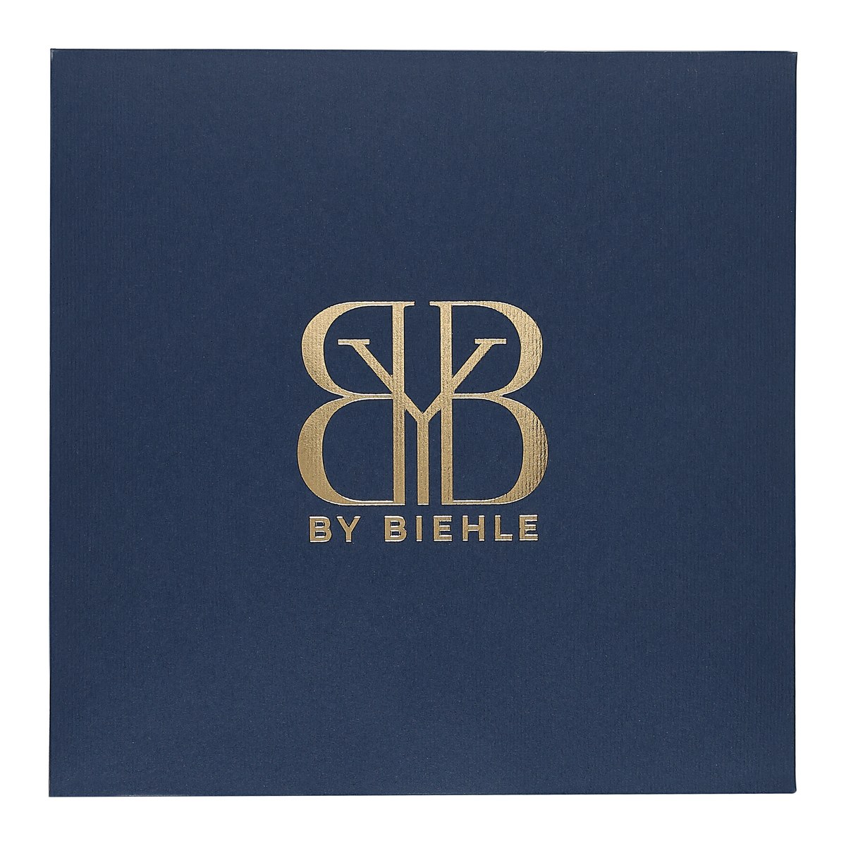 Dark blue scarf envelope with the By Biehle mark pressed in gold foil