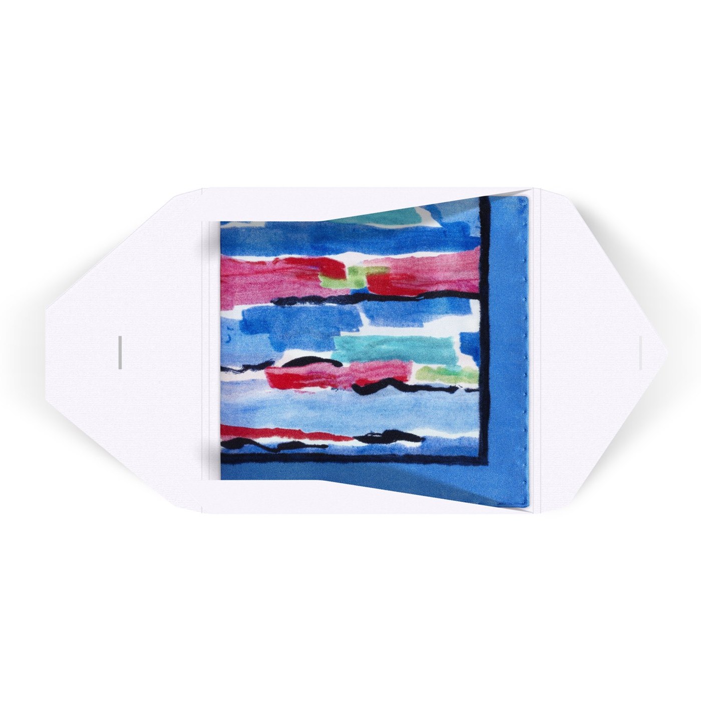 White scarf envelope with its flaps open and a folded silk scarf inside